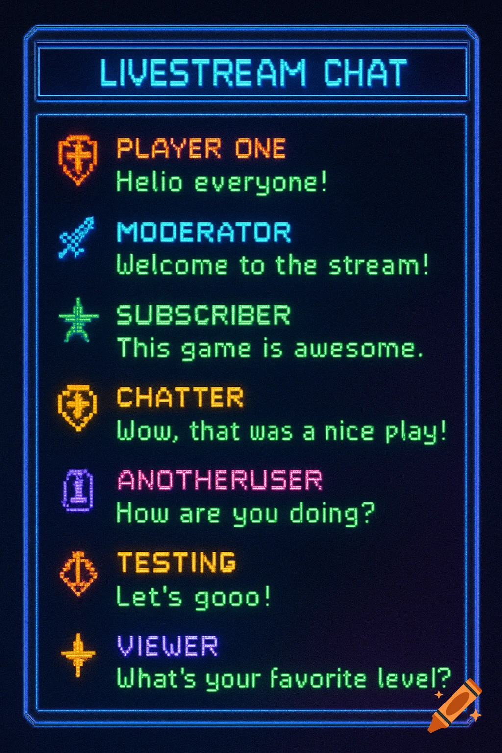 A pixelated, retro-style livestream chat overlay displaying various user messages and icons.