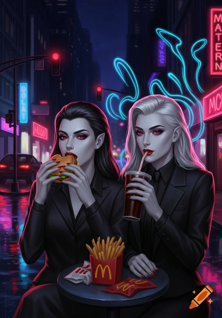 Digital painting of two female vampires with pale skin and red eyes, eating fast food at a rainy city street cafe at night under neon signs.