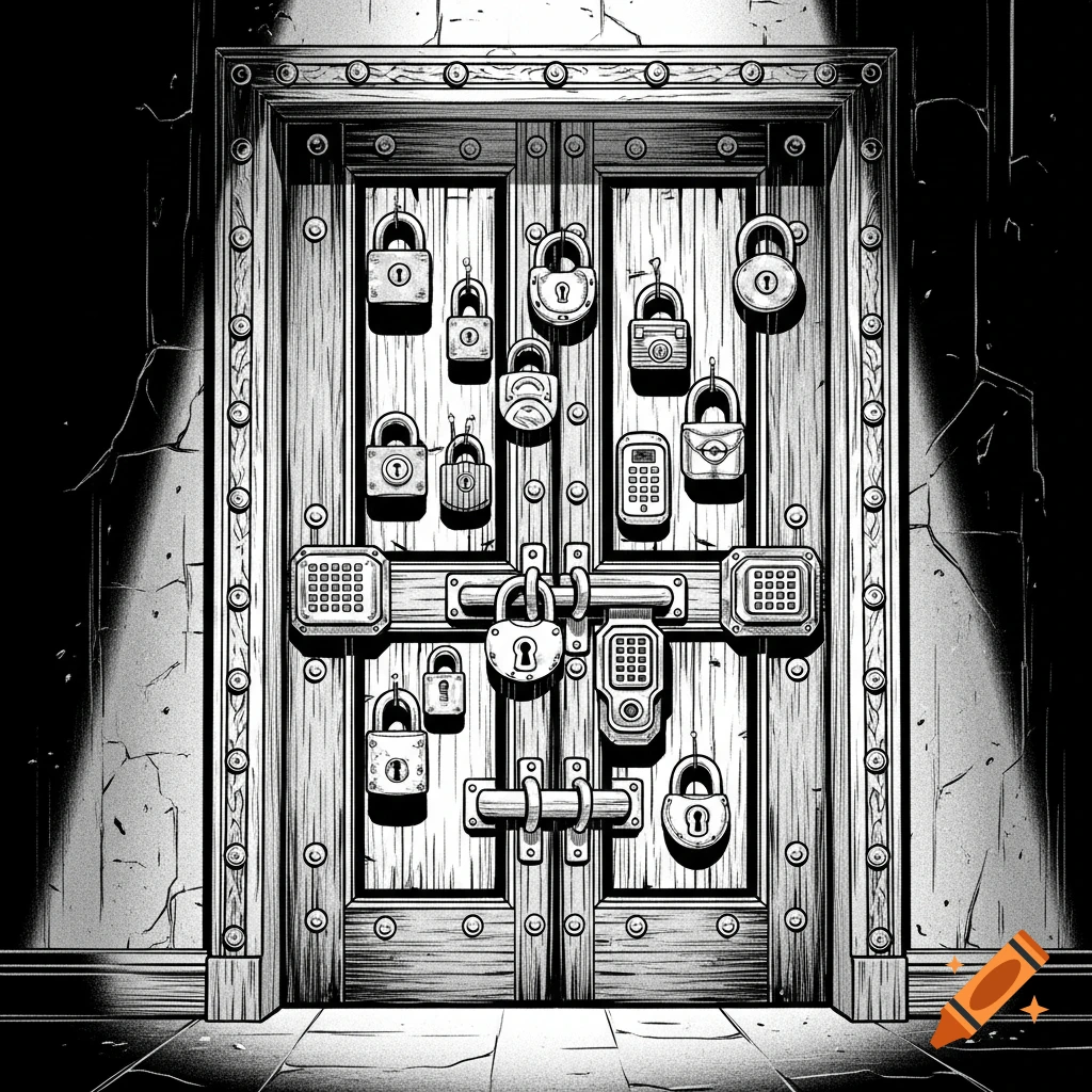 Black and white comic book style illustration of a wooden door covered in many different padlocks and combination locks.