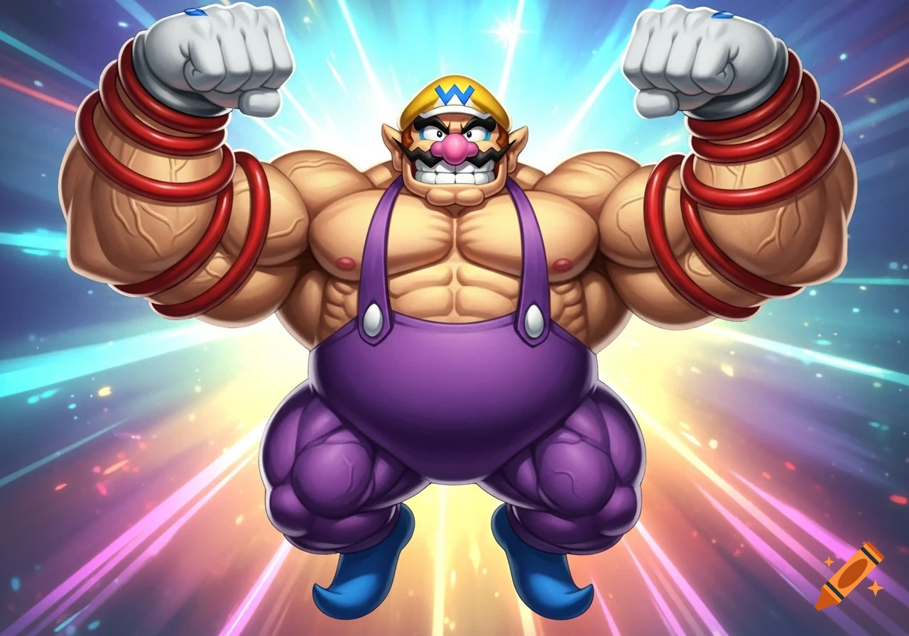 Muscular Wario in purple overalls and a yellow hat with a blue W, flexing his large biceps against a bright, shining background.