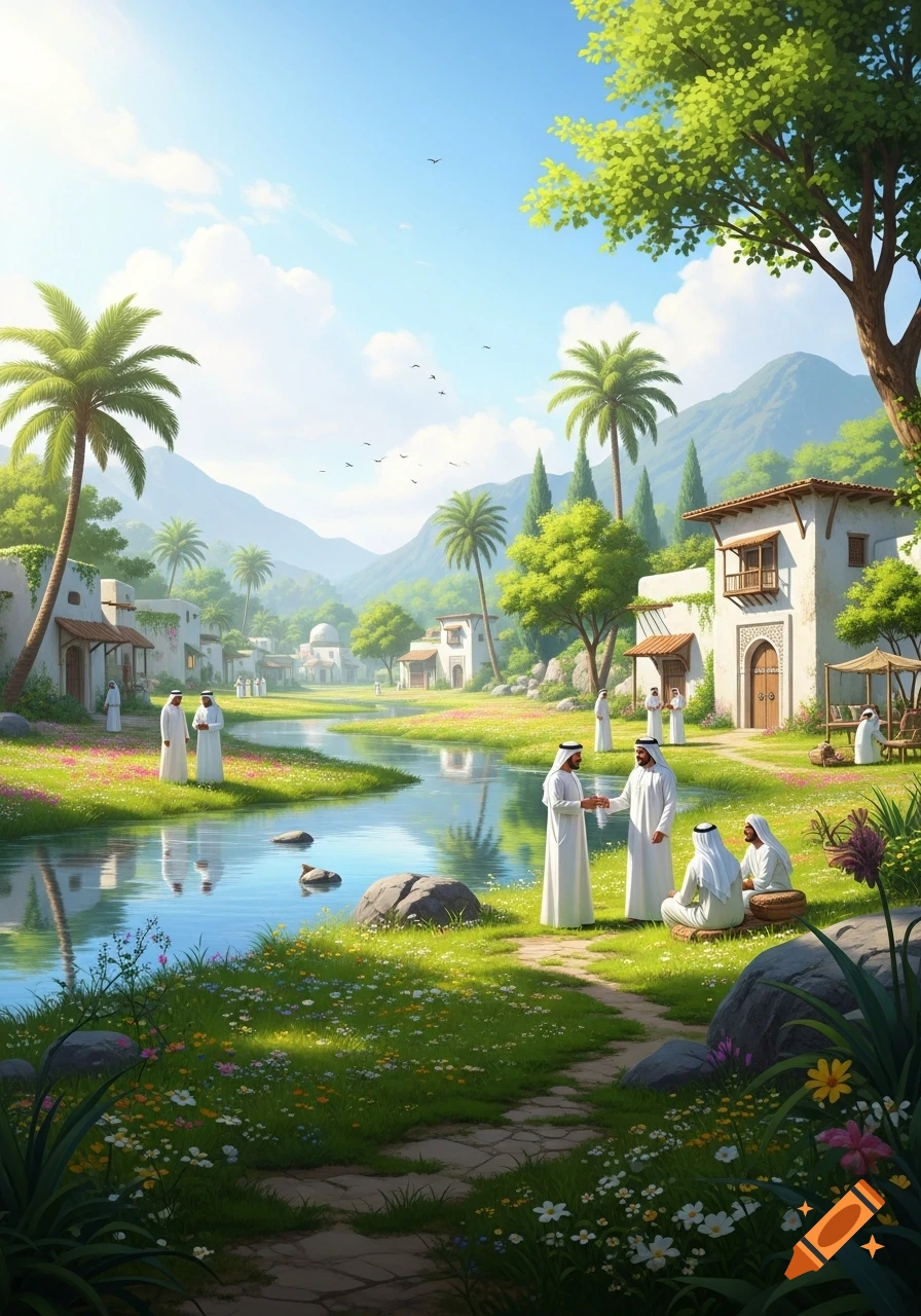 Lush landscape with a winding river, traditional white houses, palm trees, and men in white thobes gathered, bathed in morning sunshine.