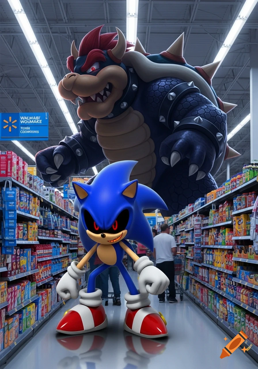 Sonic.EXE stands in a Walmart aisle with a menacing Dark Bowser looming large behind him.