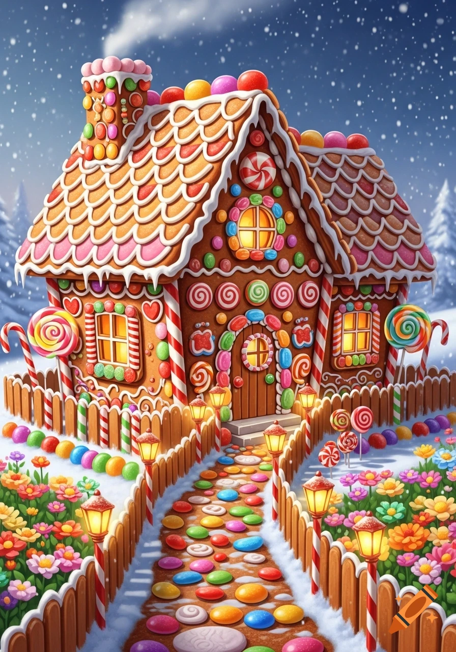 A whimsical gingerbread house covered in colorful candies stands in a snowy winter wonderland, with a candy-lined path.