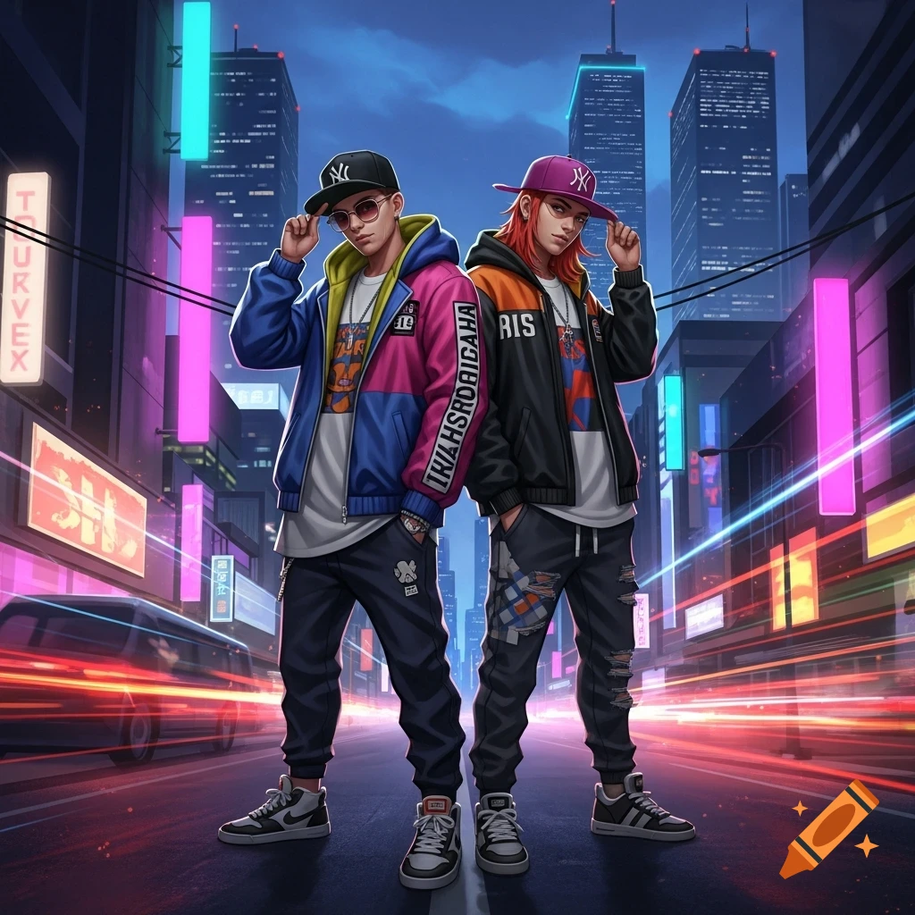 Two people in streetwear and caps stand on a neon-lit city street at night, in a vibrant anime style.