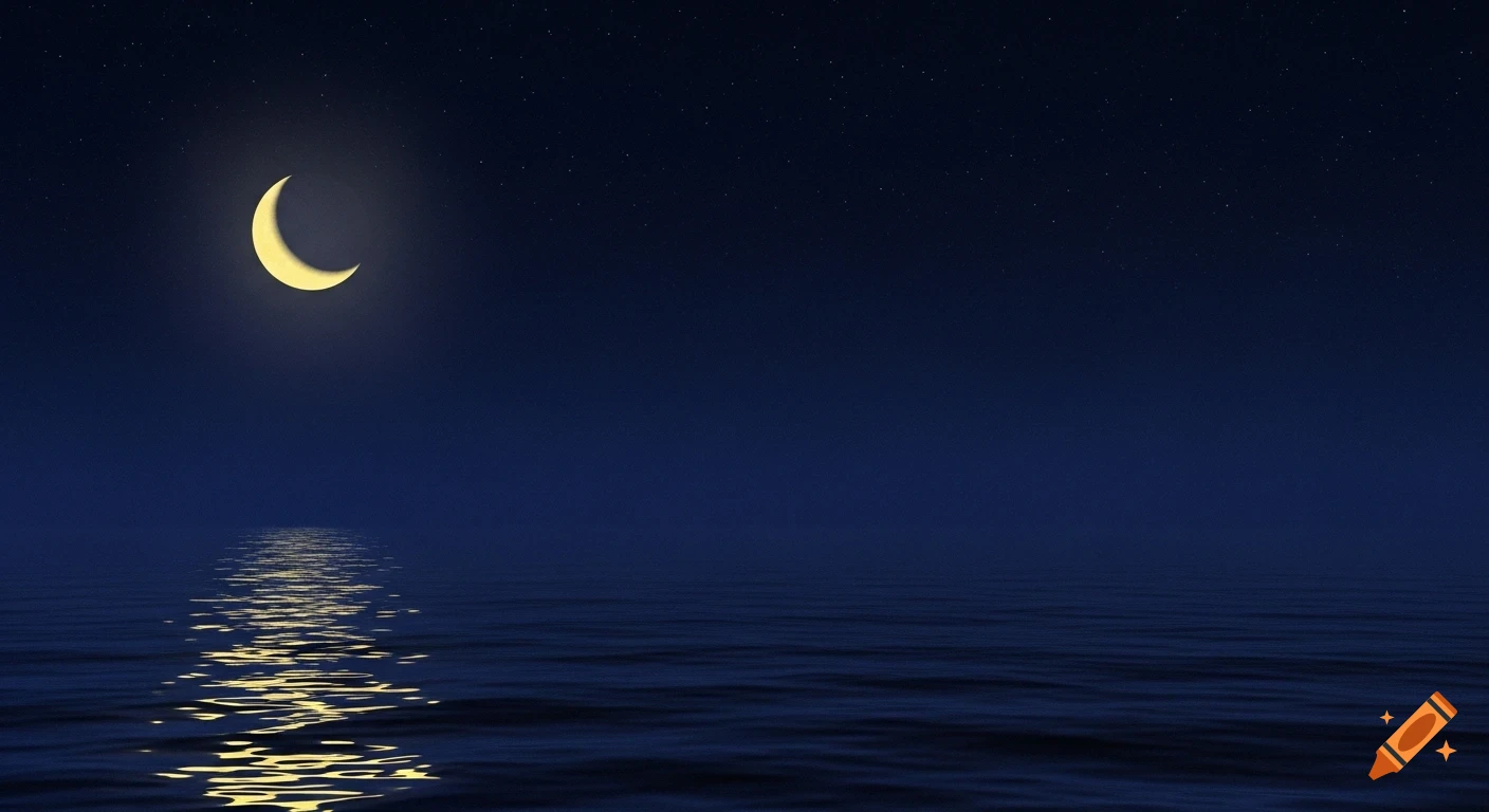 Crescent moon with a glowing reflection on dark blue water under a starry night sky.