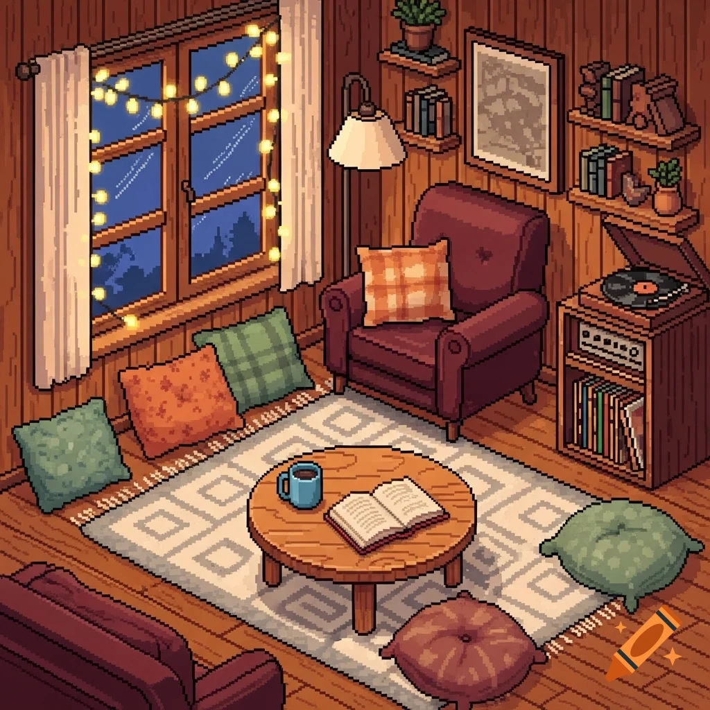 Cozy pixel art room with wooden walls, window, string lights, armchair, bookshelves, record player, coffee table with a book, and floor cushions.