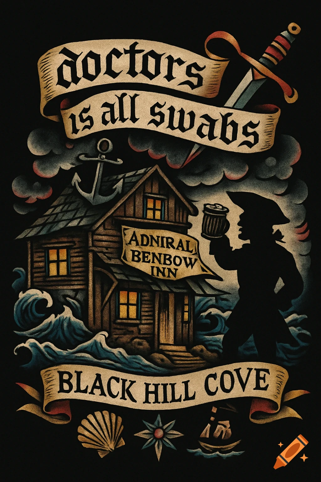 Old school tattoo art of the Admiral Benbow Inn with a pirate, sea, and banners reading 'doctors is all swabs' and 'Black Hill Cove'.