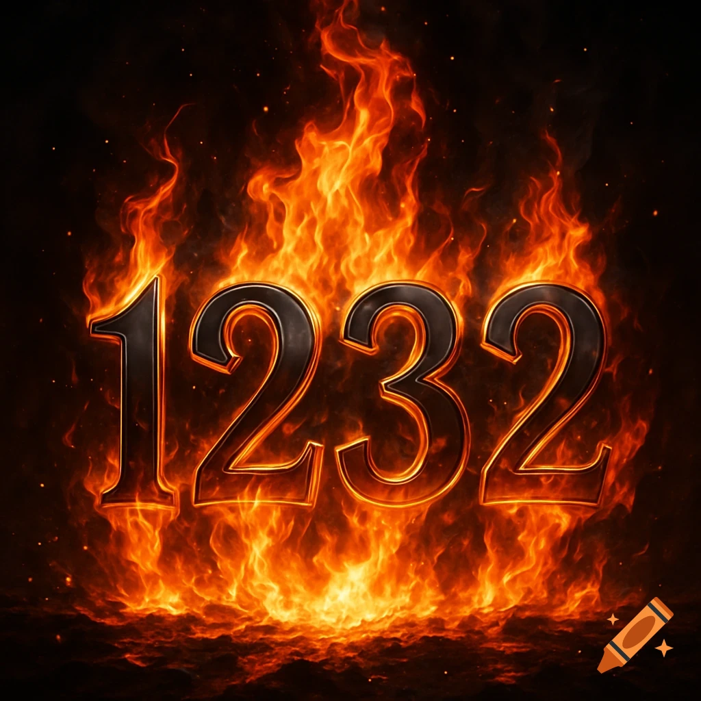 The numbers 1232 rendered in a metallic style, engulfed in bright orange and red flames against a dark background.