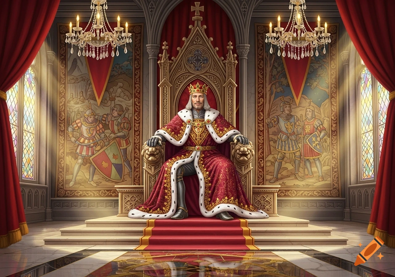 A powerful king in a rich red and white fur-trimmed robe sits on an ornate golden throne in a lavish throne room.