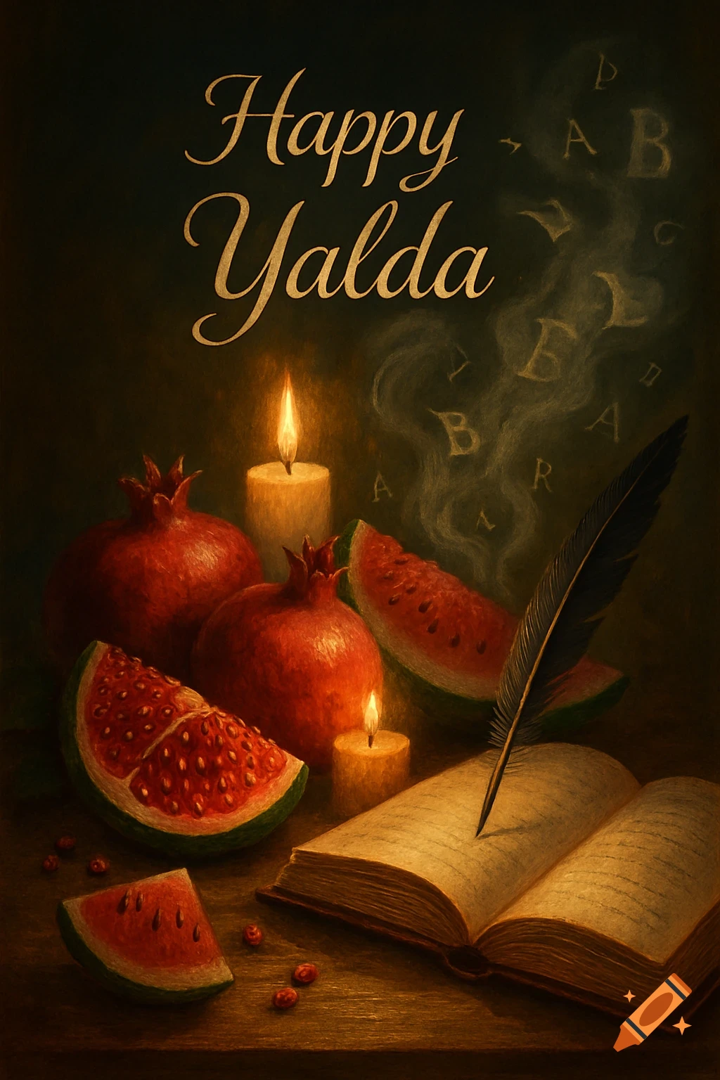 A painterly still life with pomegranates, watermelon, lit candles, an open book, and a quill, with 'Happy Yalda' text.