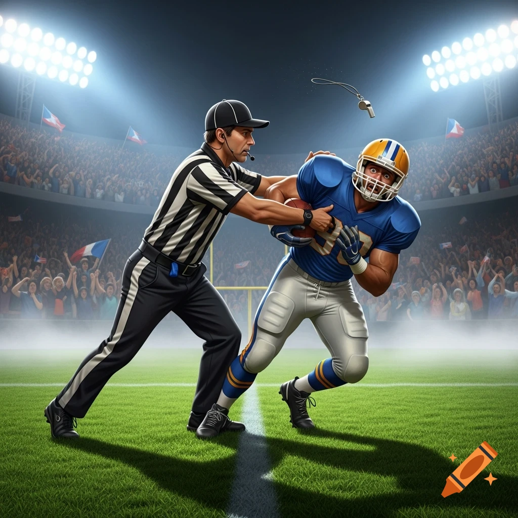 A photorealistic image of a referee tackling a football player in a blue jersey on a field in a stadium.
