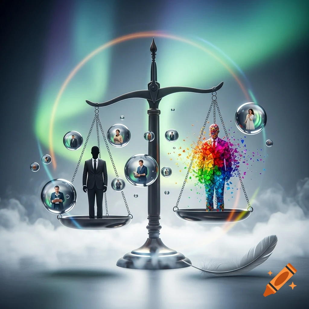 A conceptual image of scales balancing a black silhouette figure and business people against a vibrant, fragmented figure and diverse individuals, under an aurora sky.