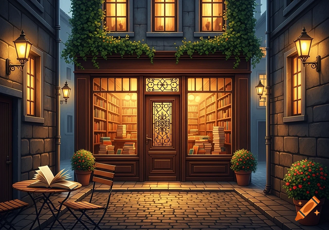 A warmly lit bookstore with a dark wood facade nestled in a narrow, cobblestone alleyway at night, with an open book on an outdoor table.