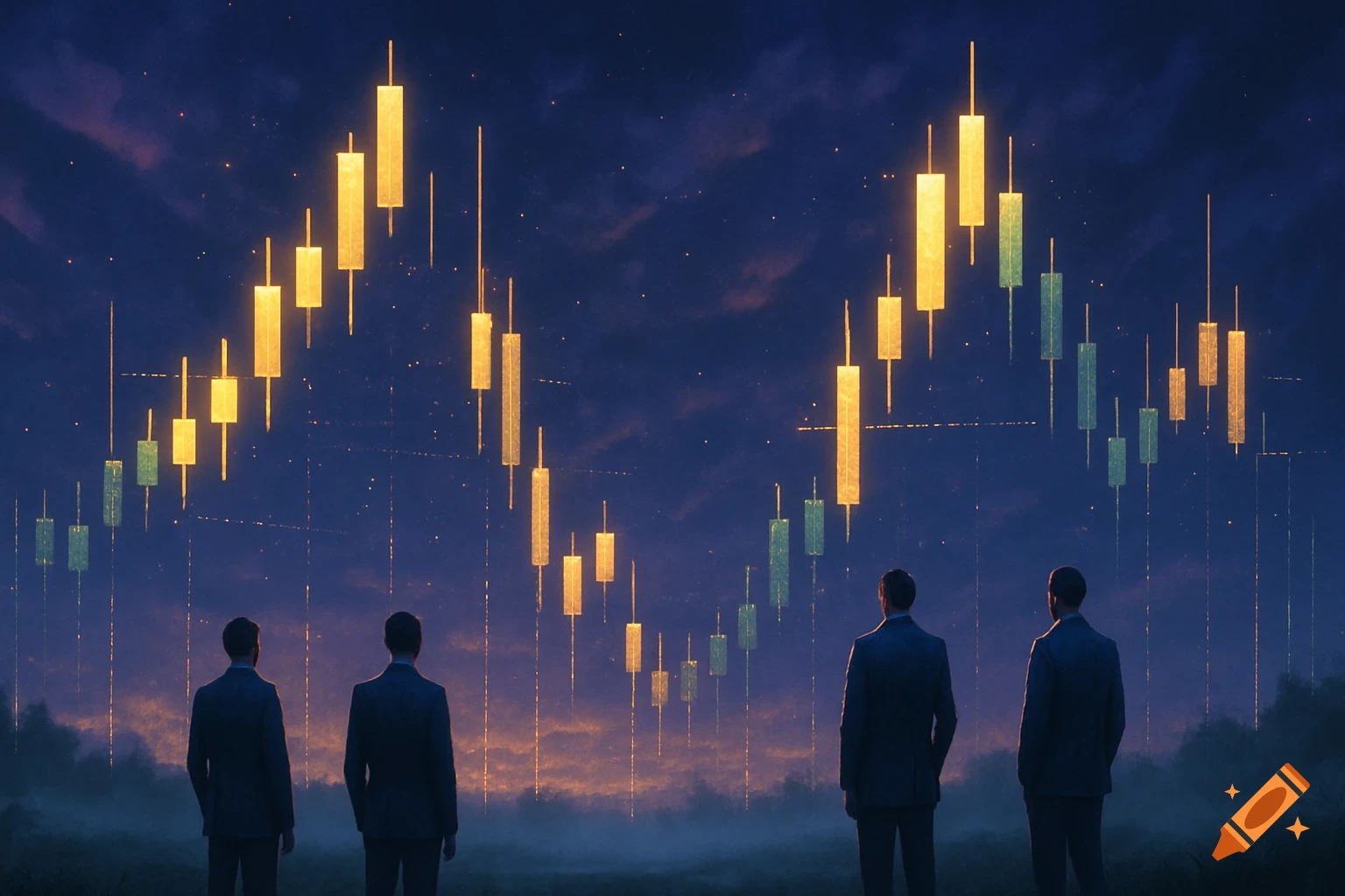 Four men in suits look at glowing golden and green financial candlestick charts arcing across a dark, cloudy night sky.