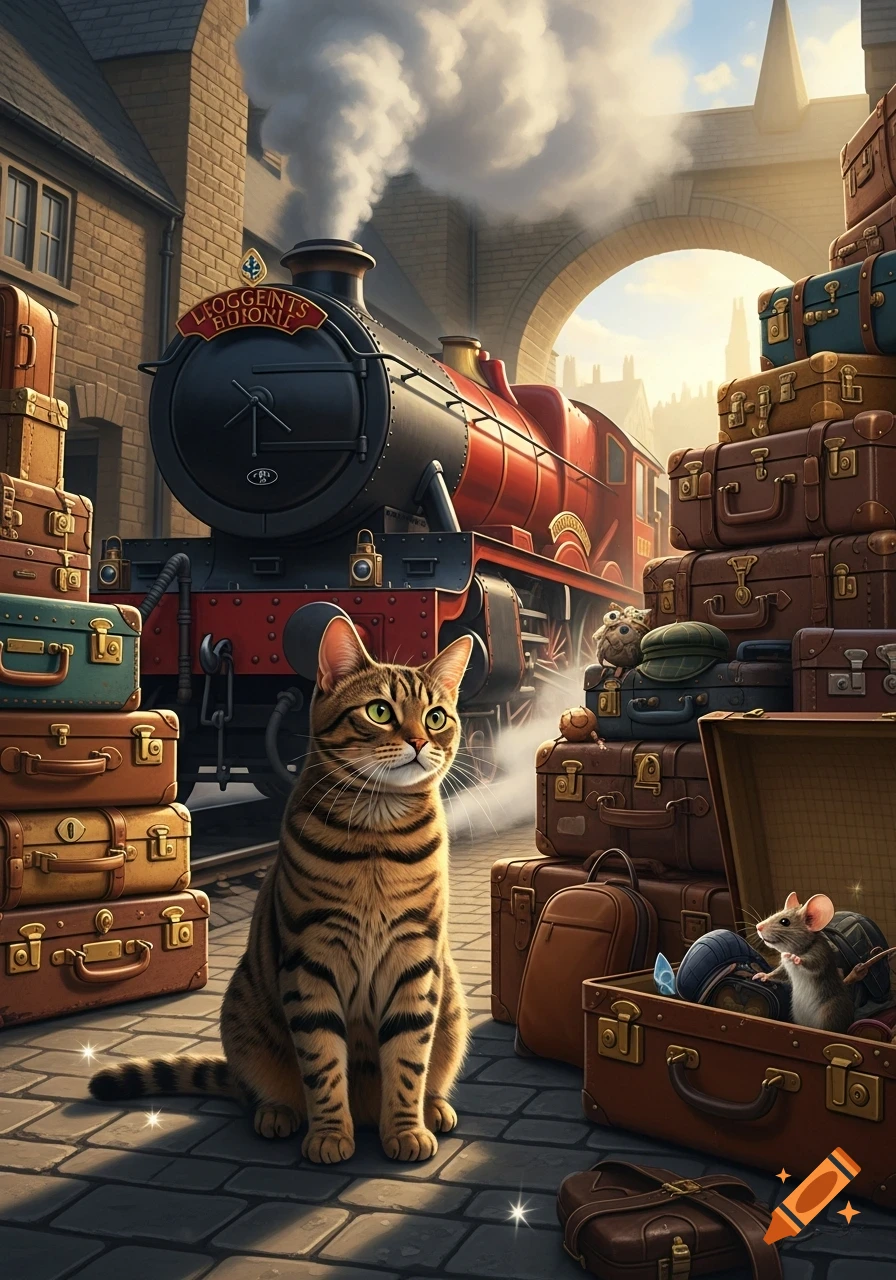A striped cat sits on cobblestones in front of a steam train, surrounded by tall stacks of vintage luggage, with a mouse in an open suitcase.