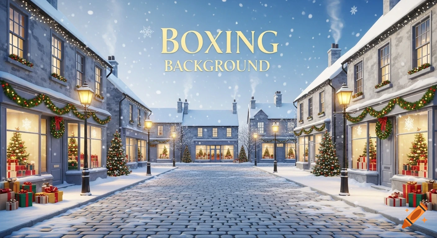 A snowy cobblestone street lined with buildings decorated for Christmas, with lanterns and falling snow, under text 'BOXING BACKGROUND'.