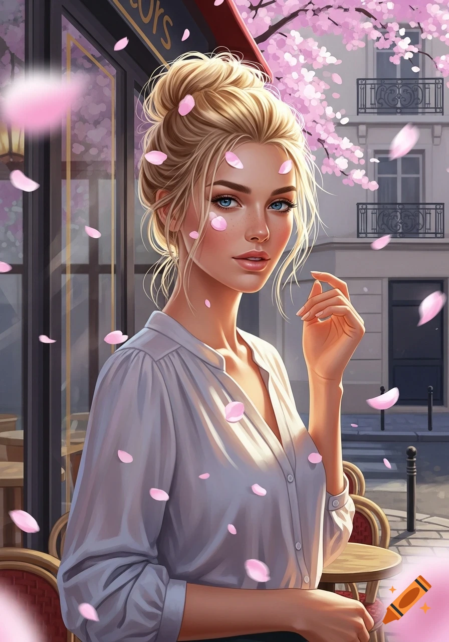 Digital art portrait of a blonde woman with a messy bun and blue eyes, pink petals falling around her, with a cafe in the background.