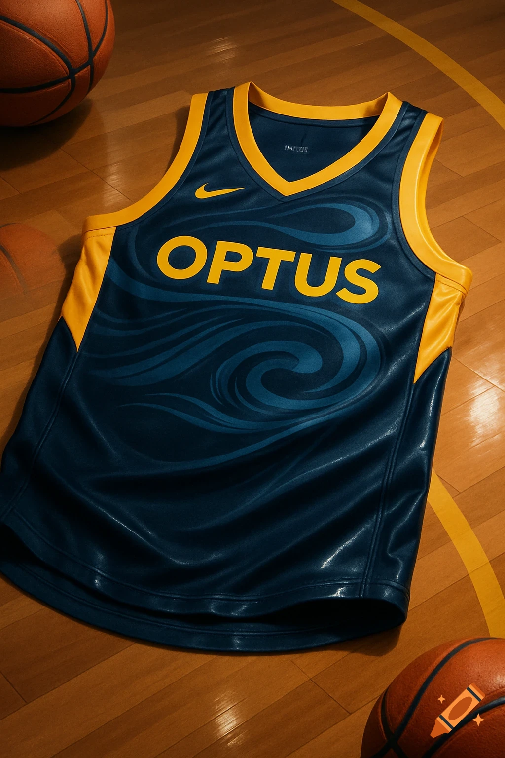 A photorealistic navy blue basketball jersey with yellow trim and "OPTUS" in yellow text lies on a wooden court with two basketballs.