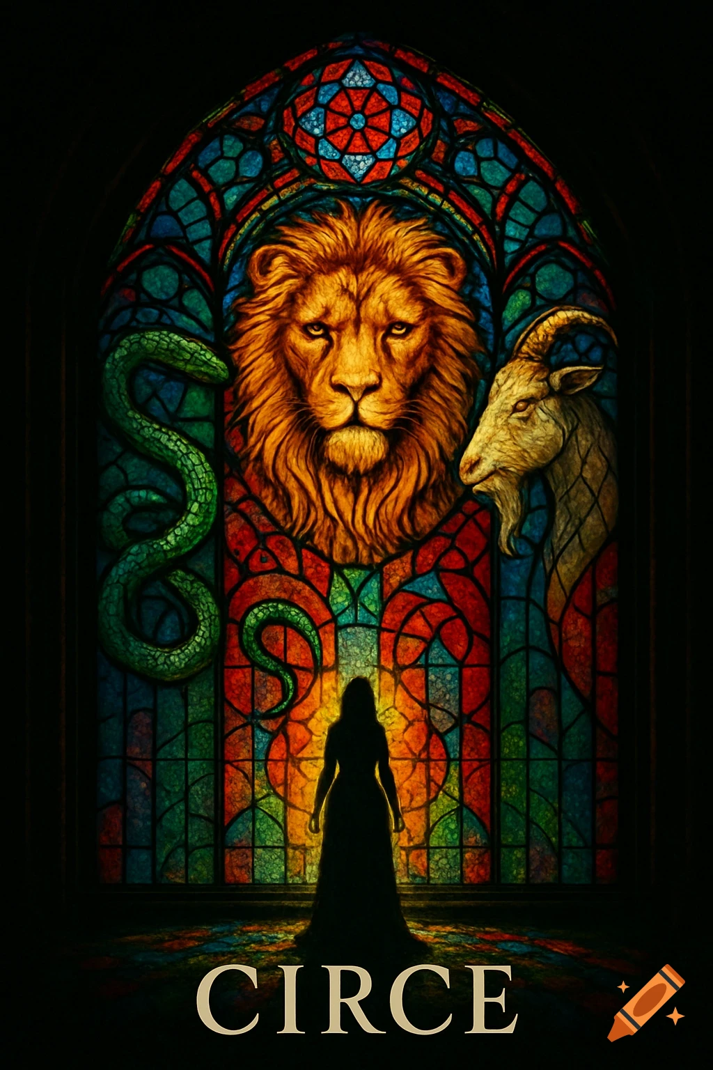 A vibrant, colorful stained glass window depicting a lion, goat, and snake, with a woman's silhouette in front and the word 'CIRCE' at the bottom.