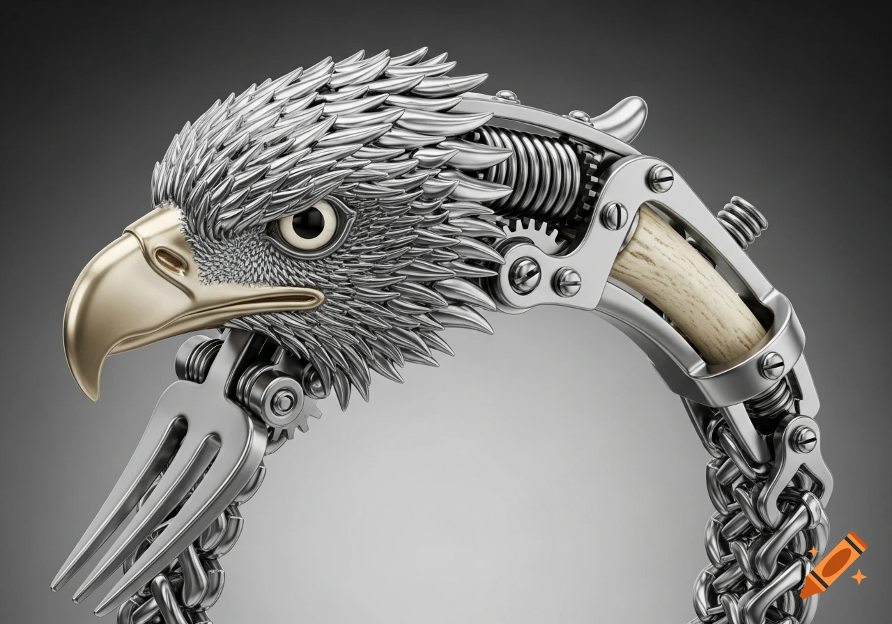 A detailed 3D illustration of a silver mechanical eagle head bracelet clasp with a golden beak, gears, a bone insert, and a fork design.