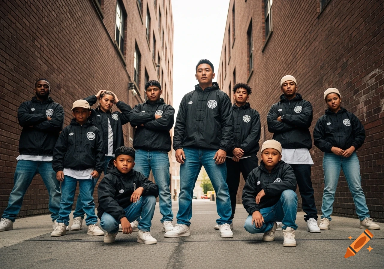 A diverse group of nine people, including kids and teens, pose confidently in a brick alley. They wear black jackets with emblems and blue jeans.