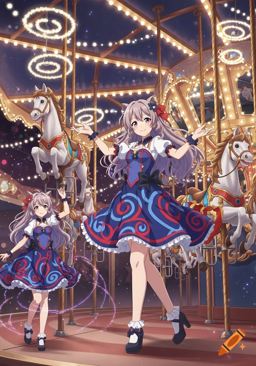 Anime girl in a blue and red dress posing on a brightly lit carousel at night.