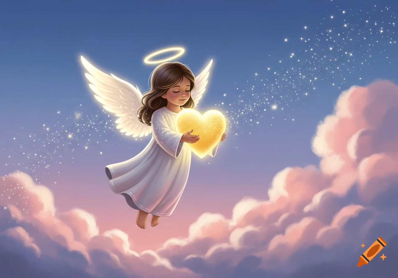 A cute cartoon angel with a halo and white wings floats among pink clouds and stars, holding a glowing golden heart.