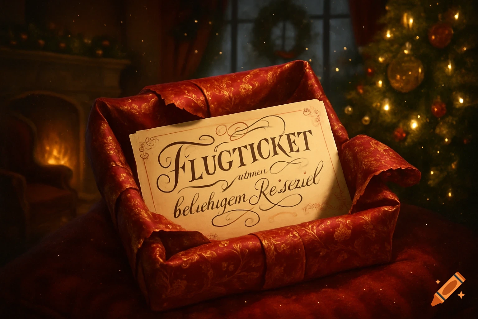 A flight ticket nestled in red and gold patterned fabric, a Christmas gift, set in a festive room with a decorated tree and fireplace.