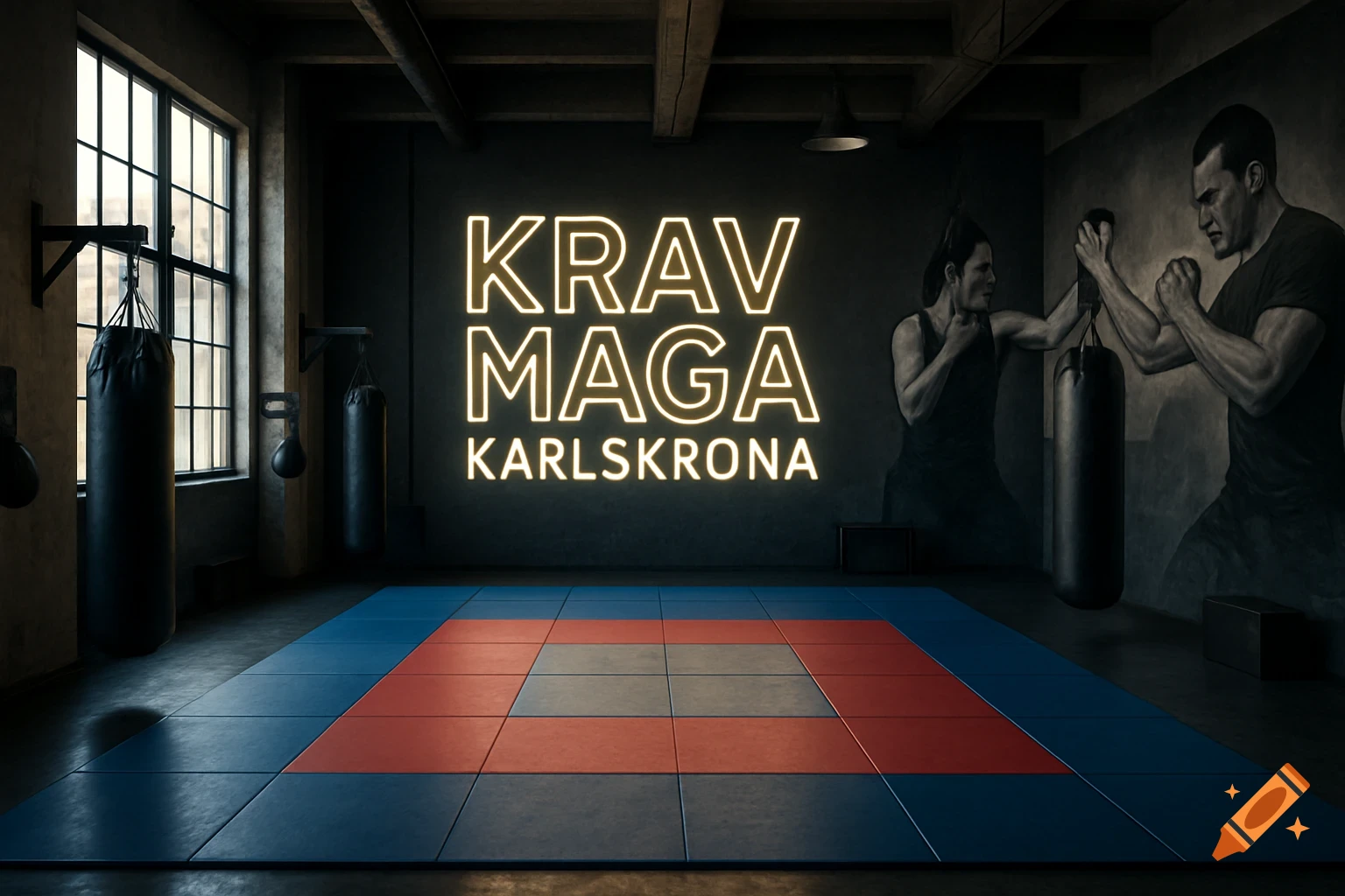 A photorealistic view of a dark, industrial-style Krav Maga gym with a neon sign, punching bags, and wall murals.