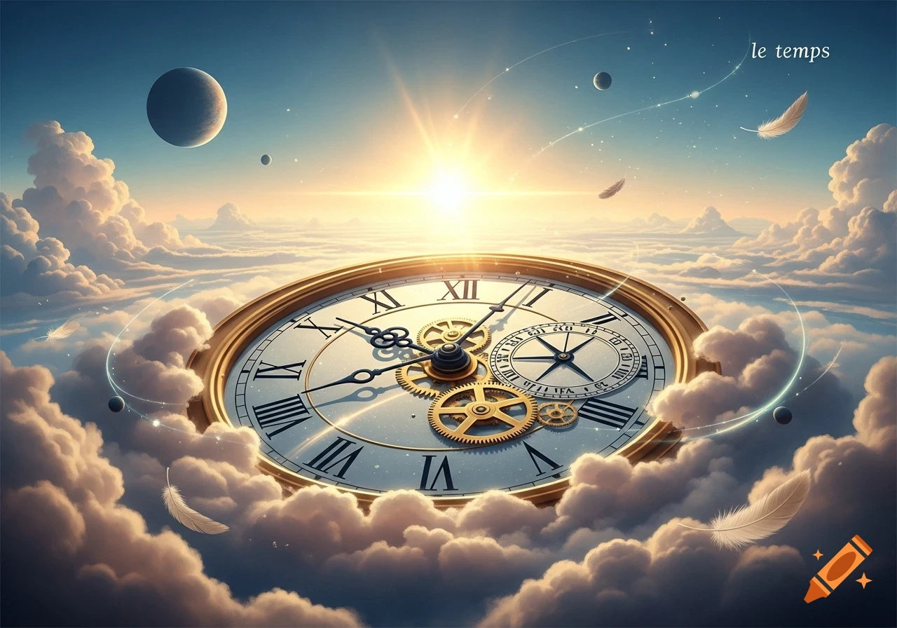 A large golden clock with Roman numerals floats above clouds, with planets, feathers, and a bright sun in a fantastical sky.