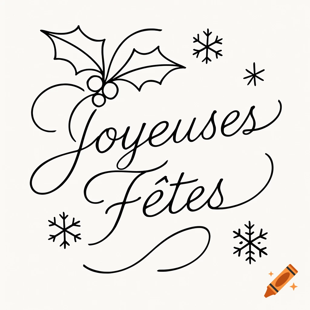 Black line art of holly and snowflakes around "Joyeuses Fêtes" script on a white background.