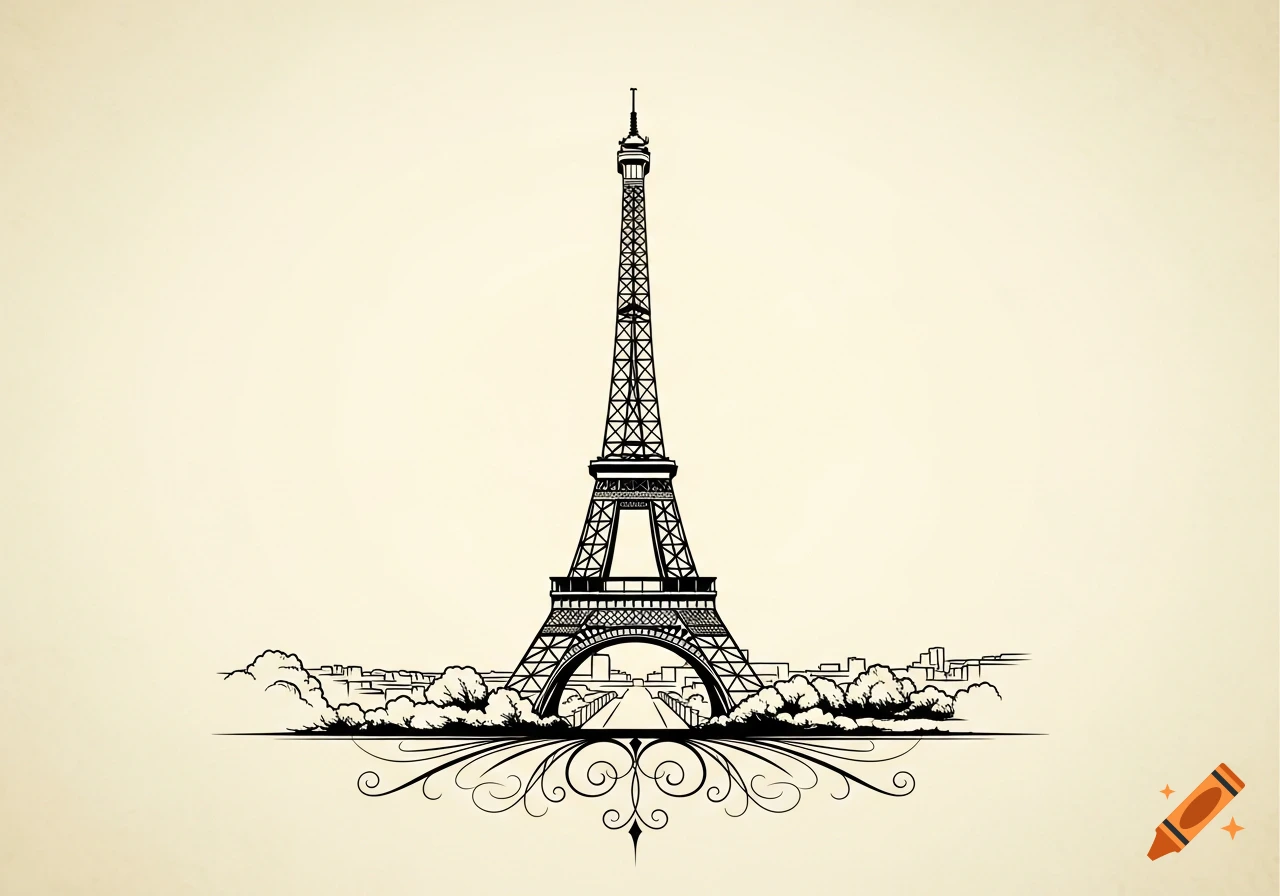 Stylized black silhouette of the Eiffel Tower with a cityscape and decorative flourishes on a light background.