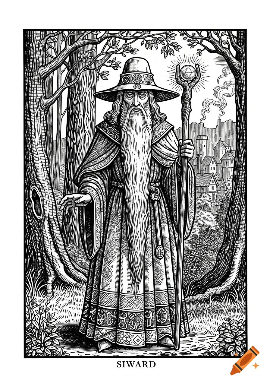 A woodcut illustration of a long-bearded wizard in a hat and robes, holding a staff, standing in a forest with a village in the background.
