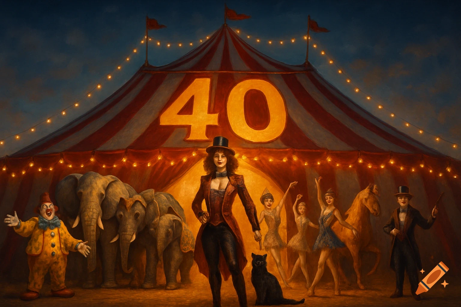 Vibrant circus tent with a large '40' and string lights, surrounded by performers, elephants, a horse, and a black cat in a painterly style.