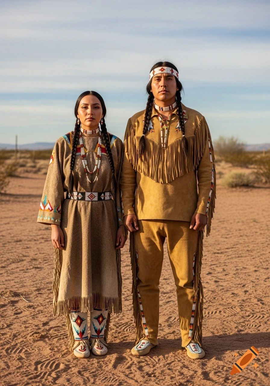 Two Apache people, a man and a woman, stand side-by-side in traditional beaded clothing in a desert landscape under a clear sky.