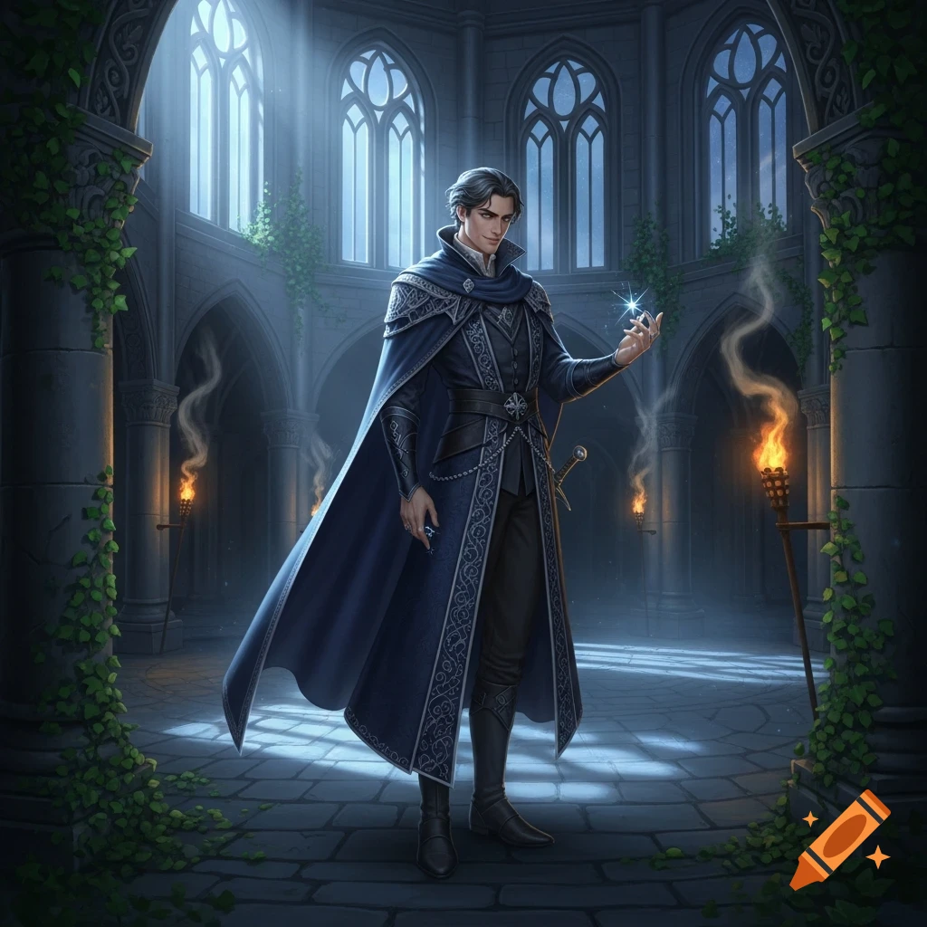 A man in an ornate dark blue and silver cape stands in a grand gothic hall, holding a glowing orb.