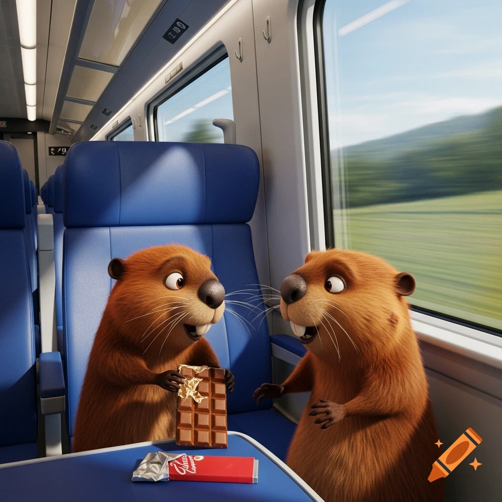 Two cartoon beavers, or nutria, on a fast-moving train. One beaver holds a partially eaten chocolate bar, while the other looks on, both with wide eyes and open mouths, in a high-quality 3D animation style.