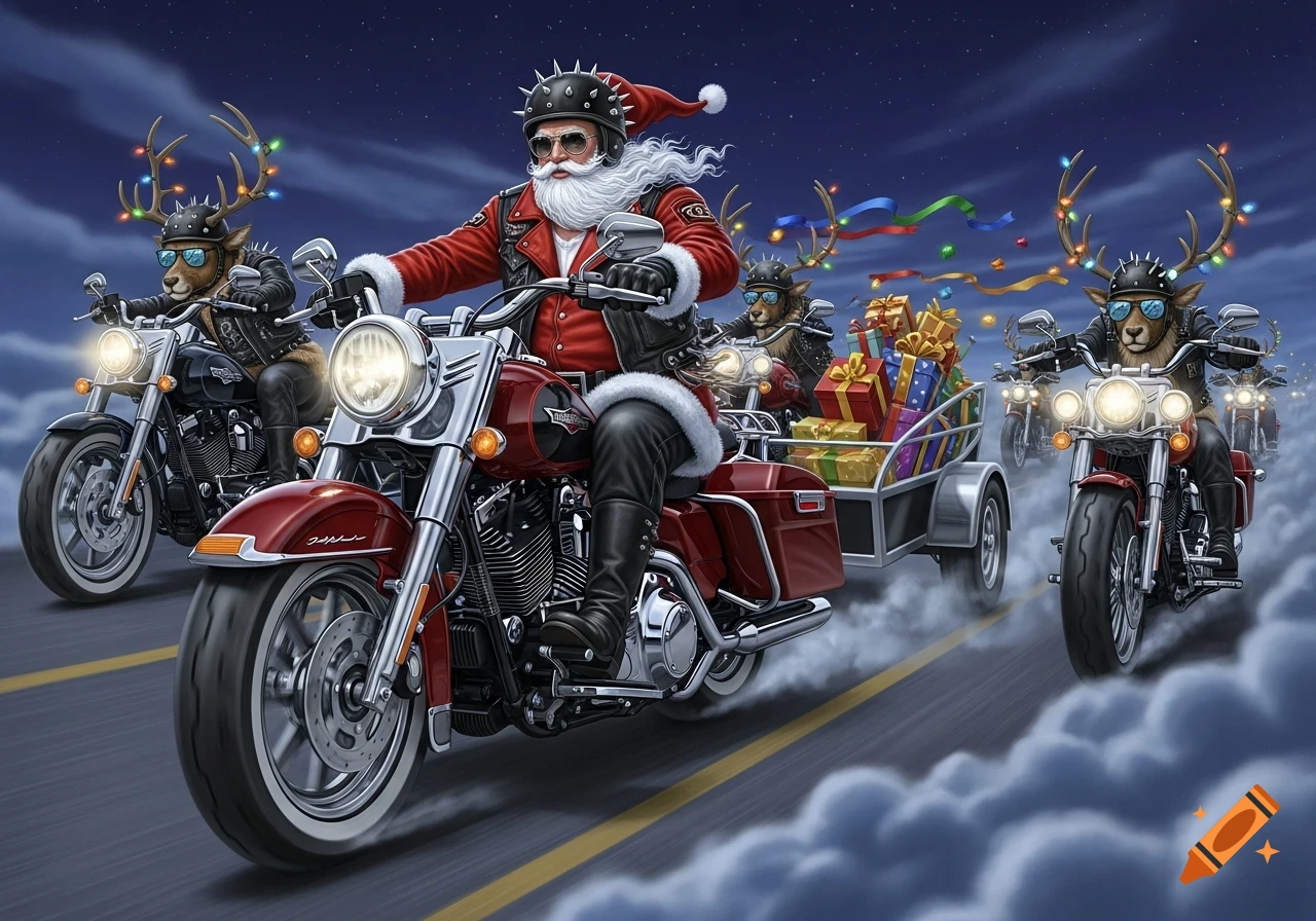 Biker Santa Claus on a red motorcycle, pulling a trailer of presents, leads a group of biker reindeer on motorcycles through a cloudy night sky.