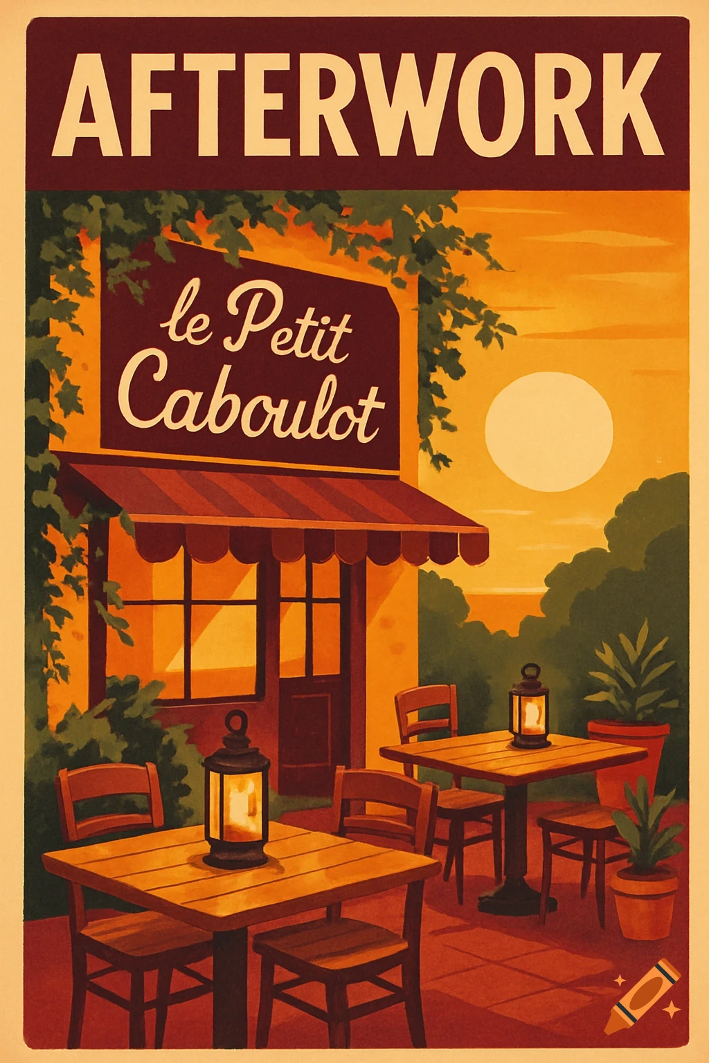 A retro-style poster featuring a cafe with outdoor seating and lanterns at sunset. Text reads "AFTERWORK le Petit Caboulot".