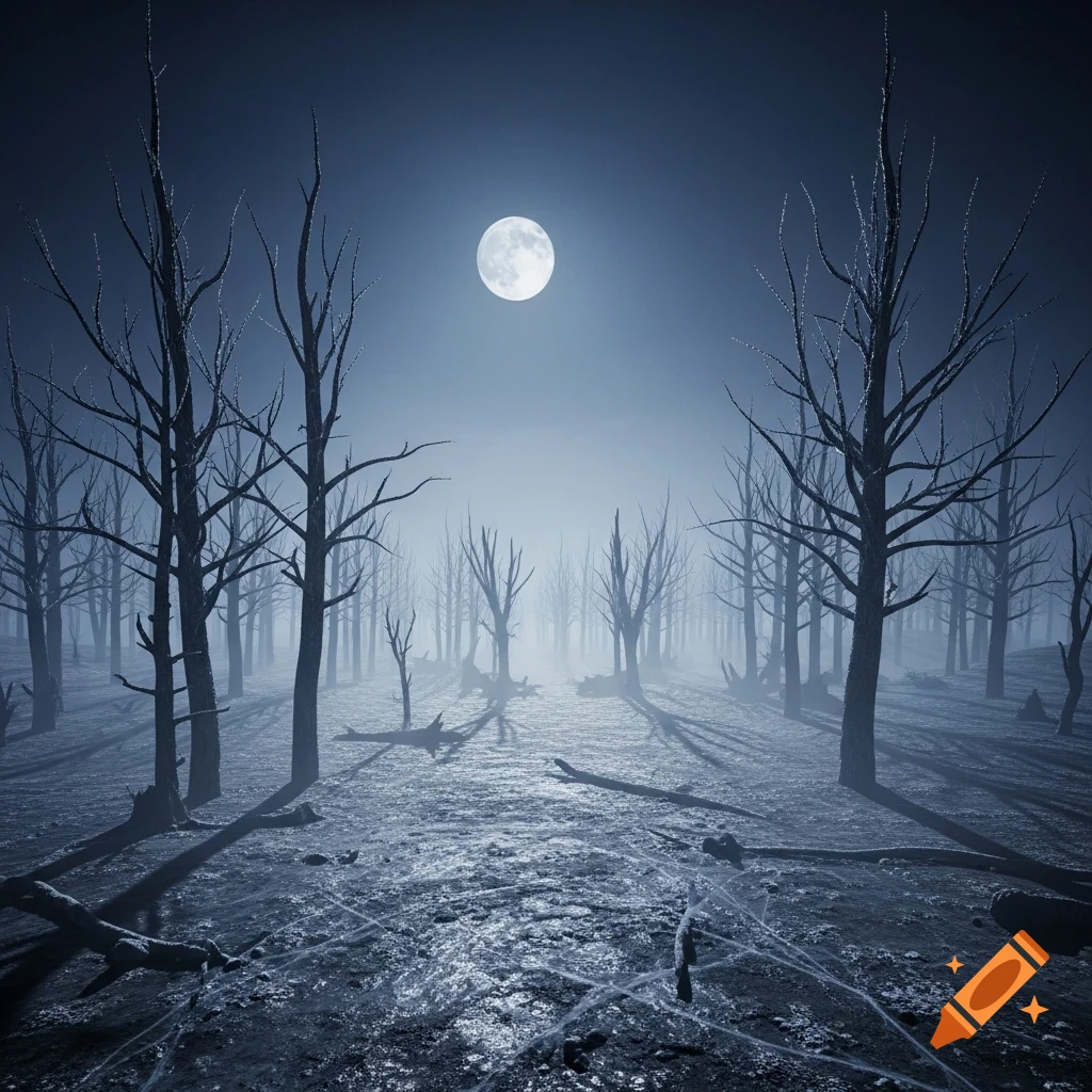 A desolate, spooky forest under a bright full moon, with bare trees ...