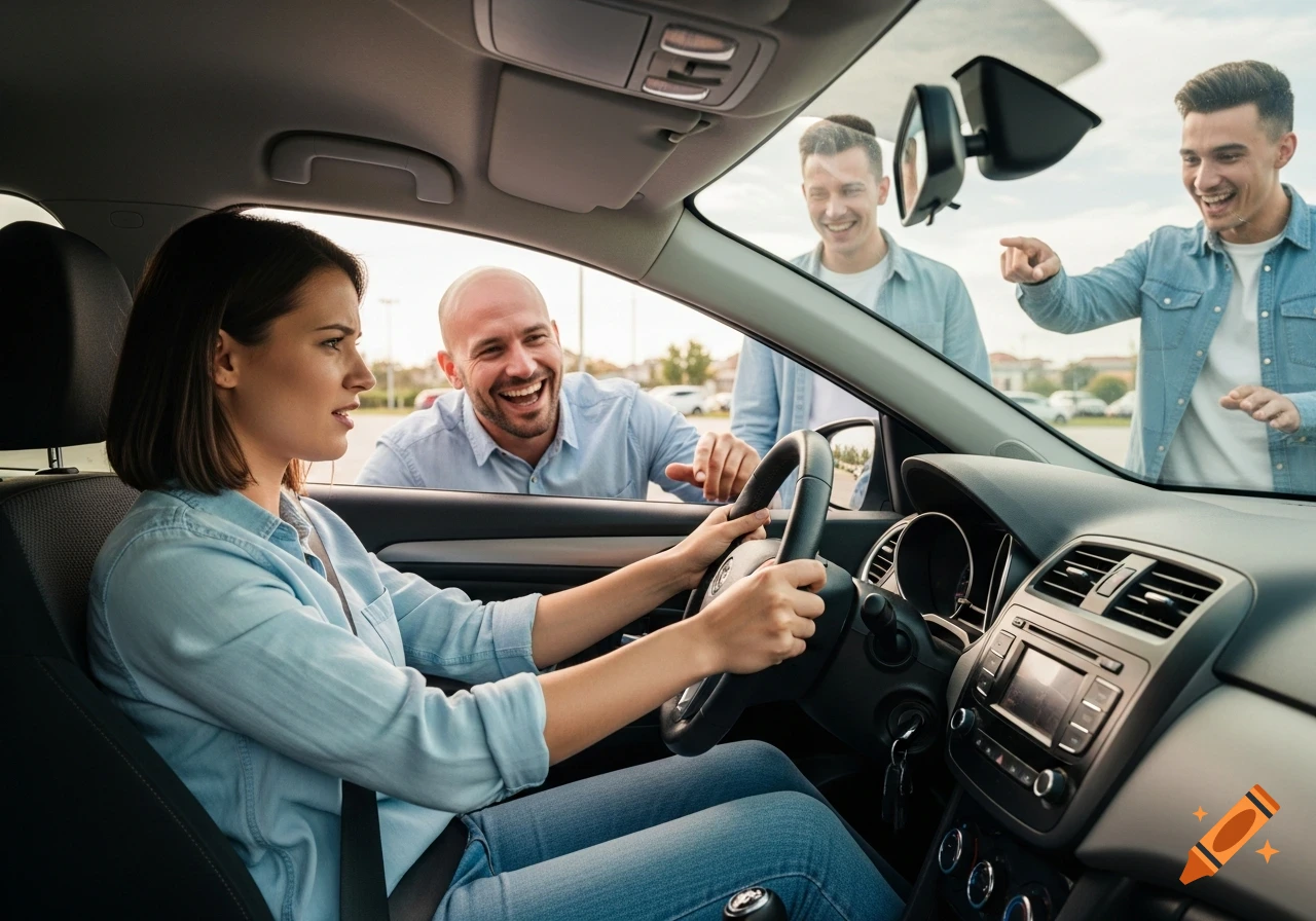 A frustrated woman in a stalled car while three men outside and leaning in laugh and point in a parking lot.