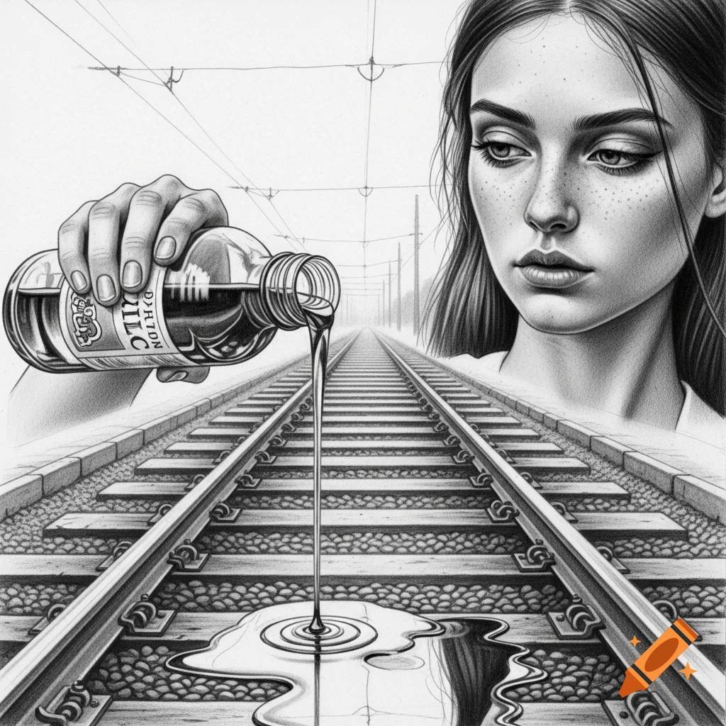 Pencil drawing of a young woman watching a hand pour liquid from a bottle onto train tracks.
