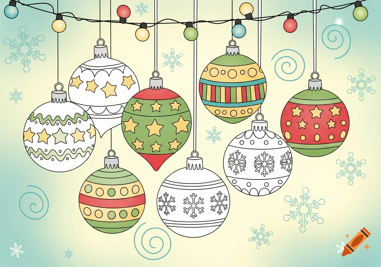 Cartoon drawing of various hanging Christmas tree ornaments and string lights against a pastel background with snowflakes.