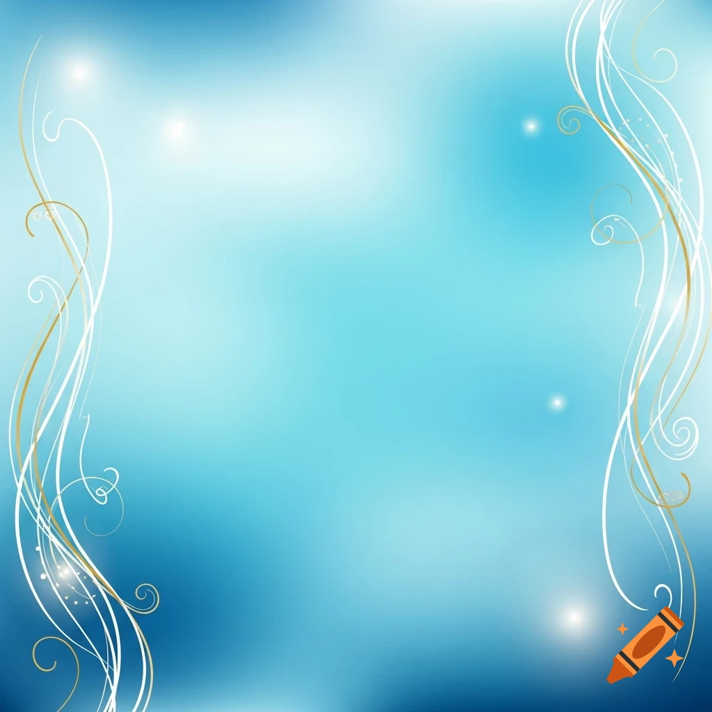 A light blue and dark blue gradient background with white and gold swirling decorative lines on the sides, and subtle light flares.