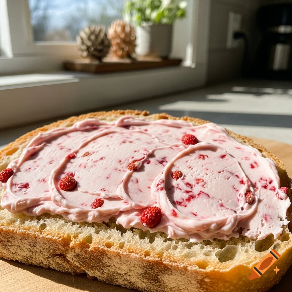 A thick slice of bread topped with creamy pink strawberry butter and small wild strawberries, in a sunlit kitchen.