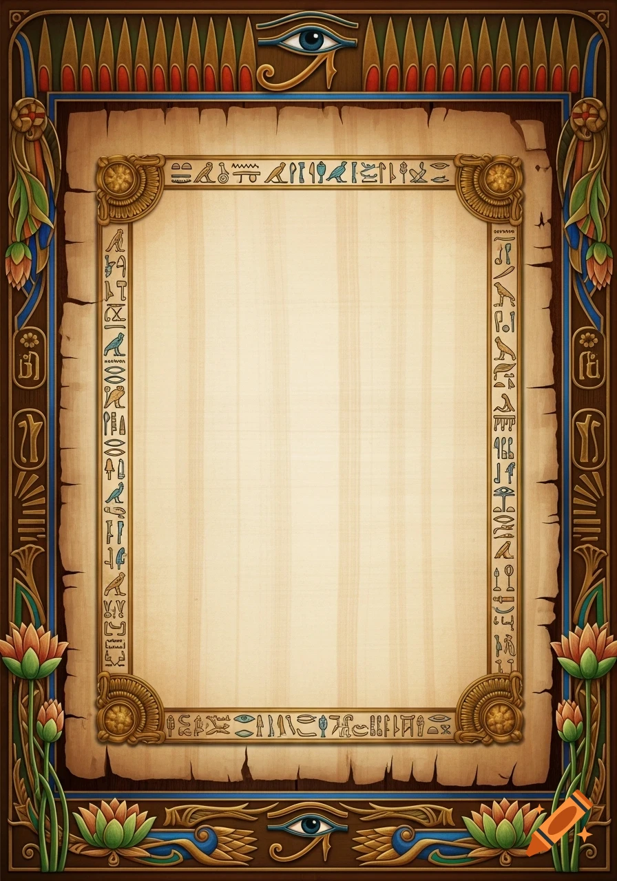 A decorative, ornate ancient Egyptian-themed border surrounds a blank, aged papyrus parchment with hieroglyph-like symbols.