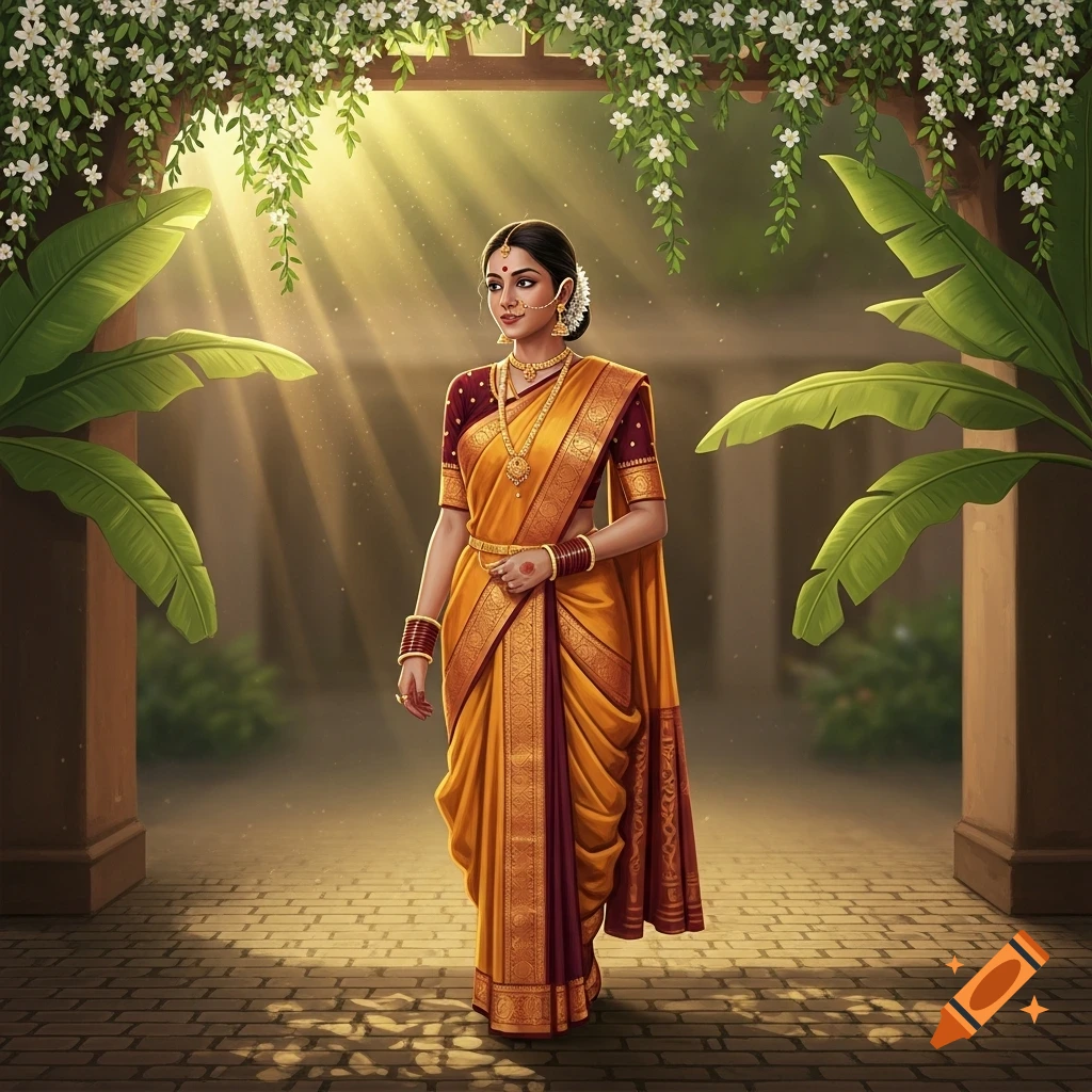 A young woman in a golden Nauvari saree and maroon blouse stands in an arched pathway with white flowers and banana leaves, bathed in sunlight.