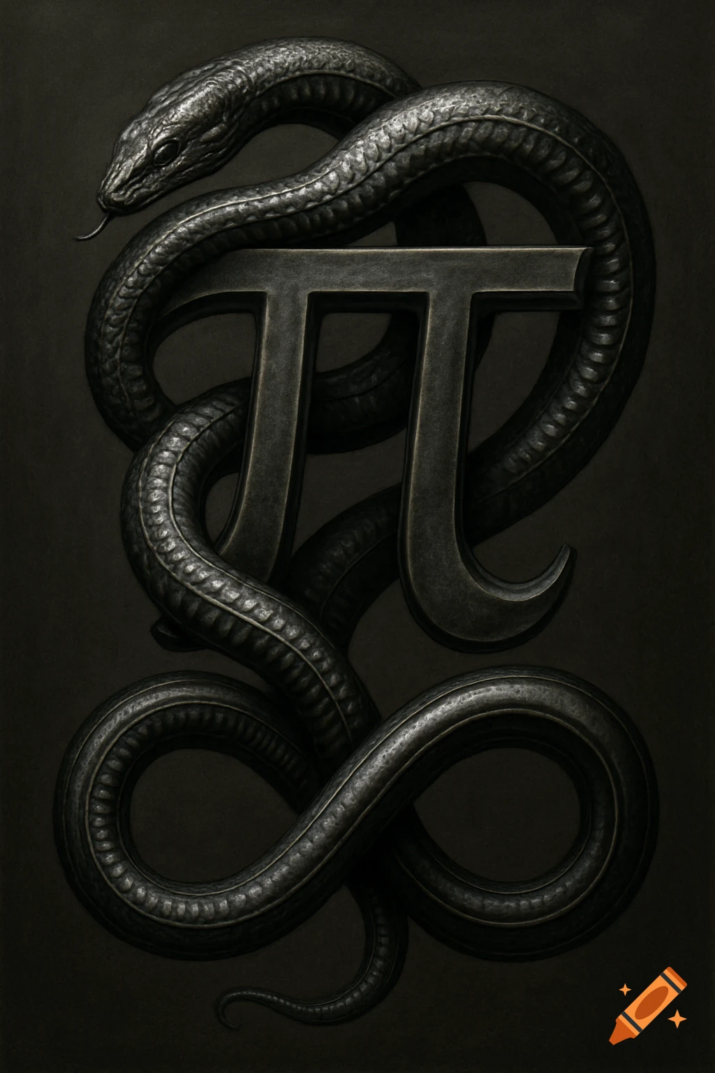A dark, metallic snake coils around a large Greek letter Pi, its tail forming an infinity symbol, in an HR Giger-esque style.