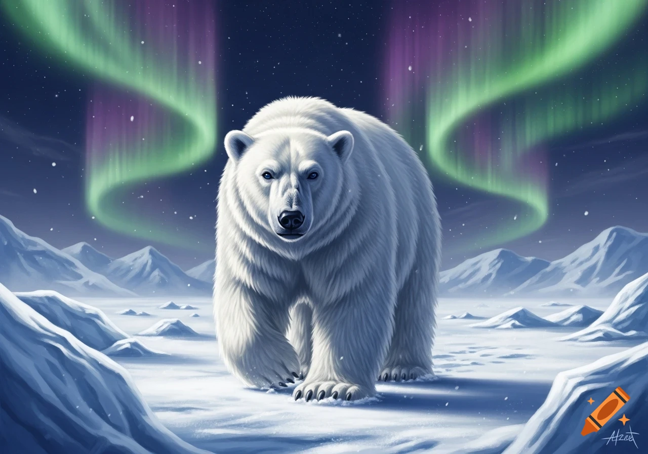A majestic polar bear walks across a snowy arctic landscape under a sky lit by vibrant green and purple aurora borealis.
