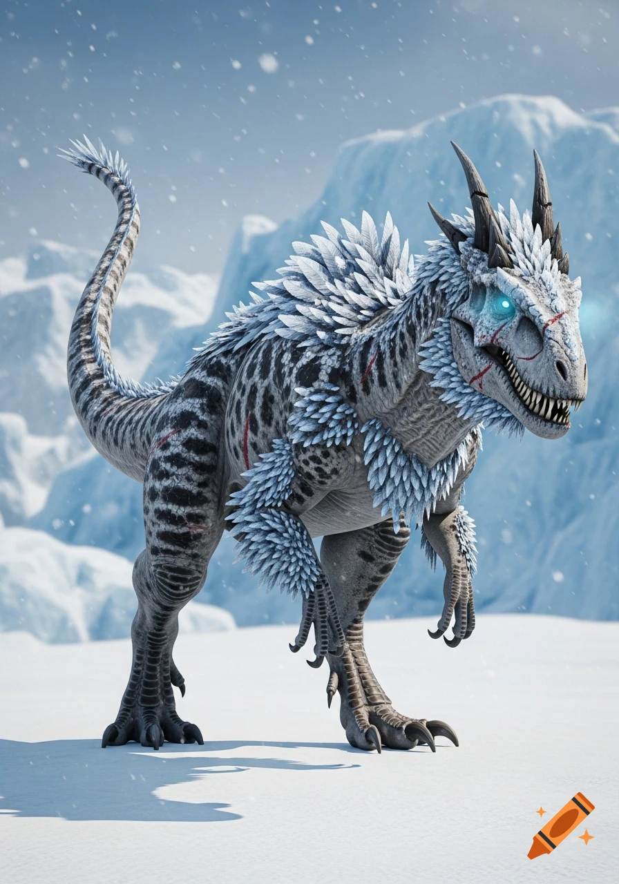 A majestic ice dinosaur with white proto-feathers, glowing blue eyes, and horns stands in a snowy mountain landscape.